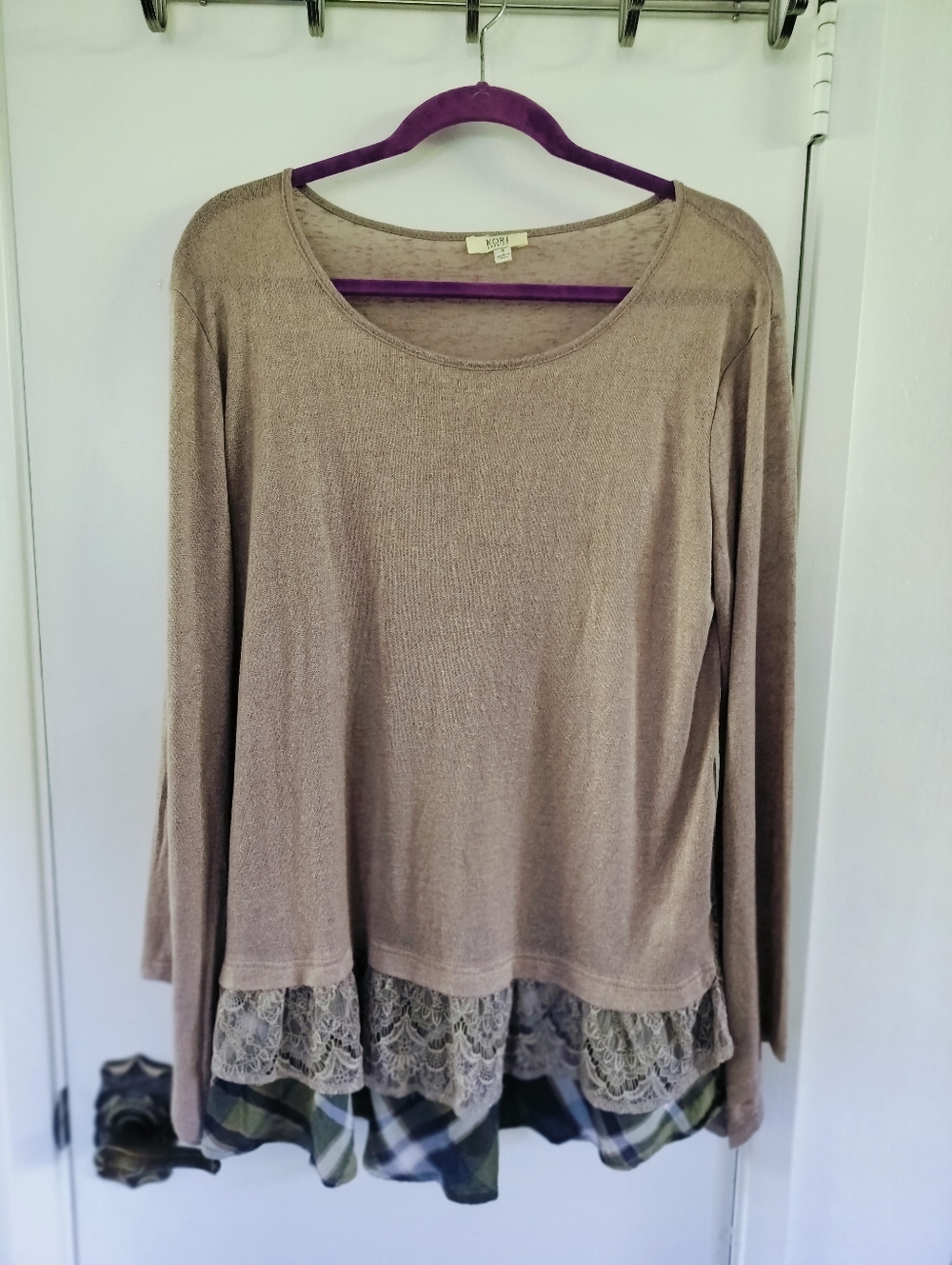 Kori America Mixed Media Tunic  Taupe Layered hem lace & plaid Oversized Small